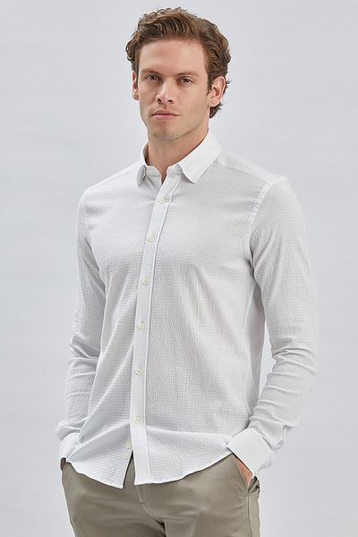 İmza Λευκό βαμβακερό Lycra Casual Slim Fit πουκάμισο - Μακρυμάνικο, Μονό γιακά, Piping 1004240232