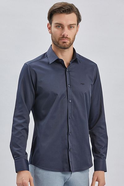 İmza Тъмносиня риза Slim Fit - дълъг ръкав, твърда яка, без джоб, памук и ликра 1004240234
