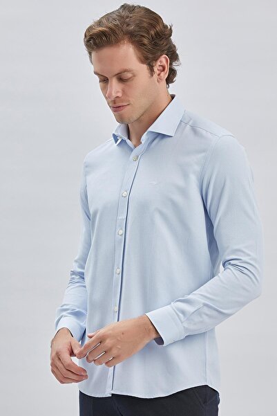 İmza Mavi Uzun Kol Kendinden Desenli Armürlü Yarım İtalyan Yaka Classic Slim Fit Gömlek 1004240250