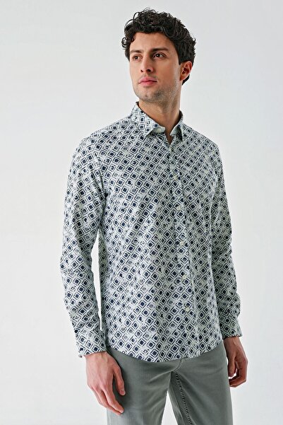 İmza Водонепроникна бавовняна сорочка зеленого кольору - з довгими рукавами, принтом та коміром 1004240211