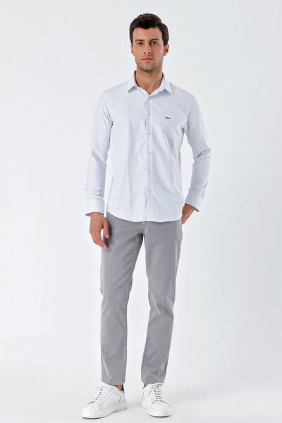 İmza Λευκό μακρυμάνικο μοτίβο Dobby σκληρό γιακά χωρίς τσέπη βαμβακερό κλασικό πουκάμισο με λεπτή εφαρμογή 1004230203