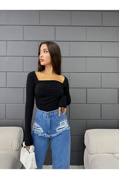 Fav Style Γυναικεία τετράγωνη λαιμόκοψη μακρυμάνικη μαντήλι Λεπτομερής μπλούζα μαύρη