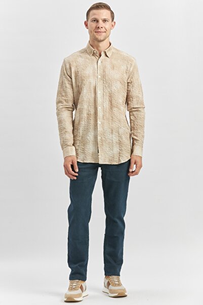 İmza Beige Slim Fit Shirt - Long Sleeve, Printed, Wafer, Button Collar, No Pocket, Cotton and Lycra1004240100