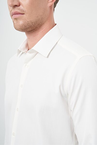 İmza Light Cream Long Arm Straight Cloth Foot Hard Collar Pocketless Cotton Classic Slim Fit Shirt 1004245267