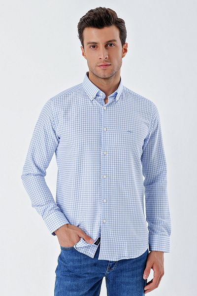 İmza Dark Blue Long Sleeve Checked Button Collar No Pocket Cotton Classic Slim Fit Slim Fit Shirt 1004230163