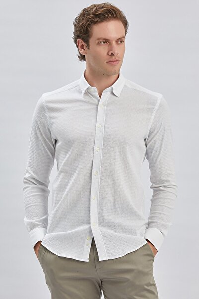 İmza Λευκό βαμβακερό Lycra Casual Slim Fit πουκάμισο - Μακρυμάνικο, Μονό γιακά, Piping 1004240232