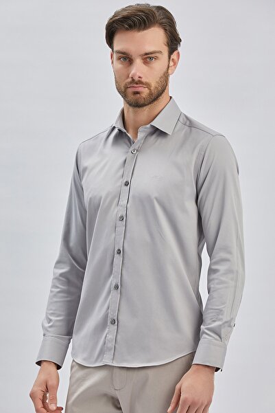 İmza Gray Hard Collar Cotton Lycra Slim Fit Shirt - Long Sleeve1004240234
