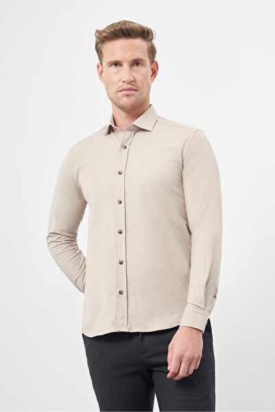 İmza Μπεζ μακρυμάνικο μασίφ υφασμάτινο πόδι μισό ιταλικό γιακά χωρίς τσέπη βαμβακερό κλασικό πουκάμισο με λεπτή εφαρμογή 1004245211