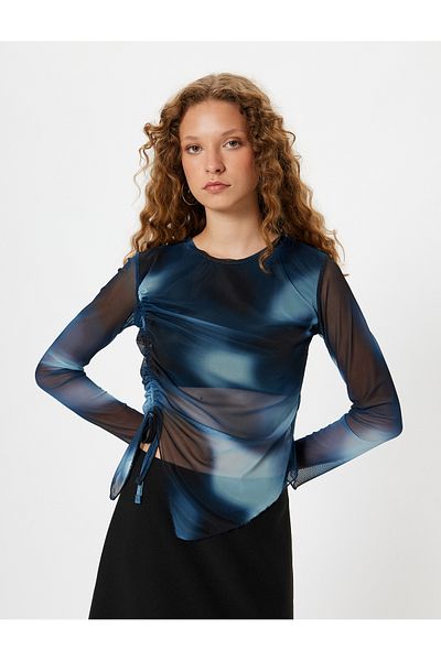 Koton Long Sleeve T-Shirt with Asymmetric Cut - Tulle Abstract Pattern and Gather Detail