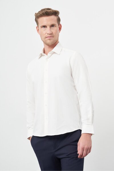İmza Light Cream Long Arm Straight Cloth Foot Hard Collar Pocketless Cotton Classic Slim Fit Shirt 1004245267
