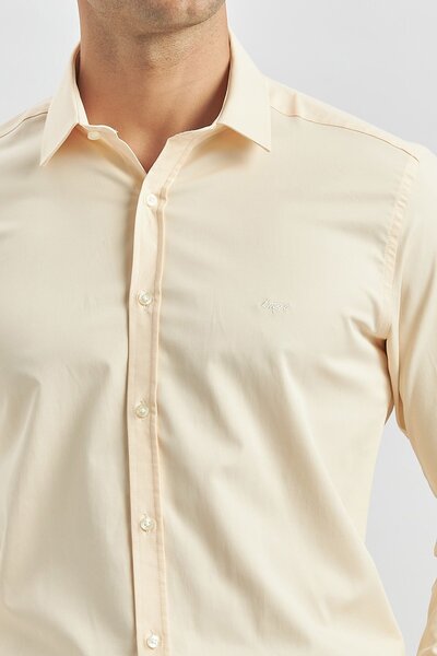 İmza Light Beige Hard Collar Slim Fit Shirt - Long Sleeve, Plain Cloth1004240334
