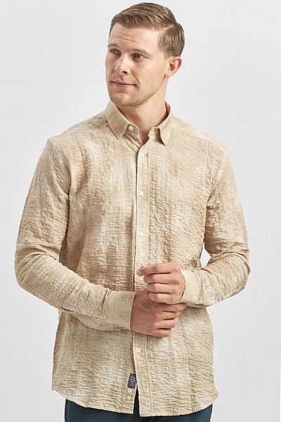 İmza Μπεζ Slim Fit πουκάμισο - Μακρυμάνικο, εμπριμέ, γκοφρέ, γιακά με κουμπιά, χωρίς τσέπες, βαμβάκι και λύκρα 1004240100