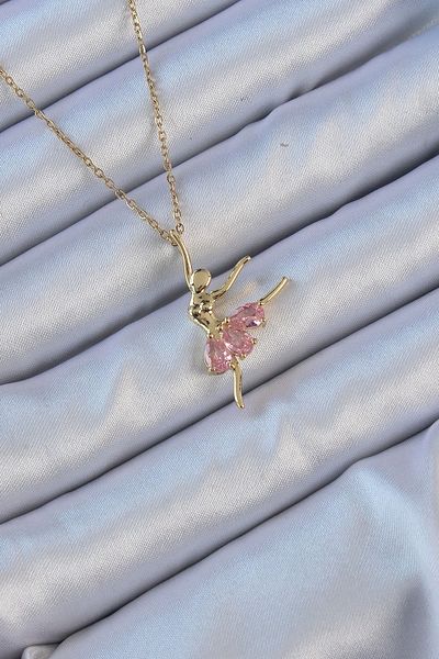 Clariss 316L Steel Chain Gold Color Pink Zircon Stone Ballerina Necklace