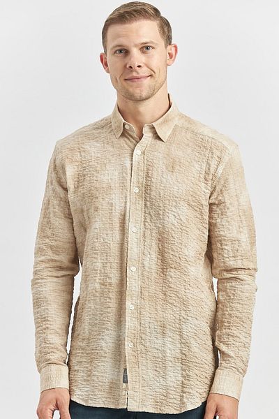 İmza Μπεζ Slim Fit πουκάμισο - Μακρυμάνικο, εμπριμέ, γκοφρέ, γιακά με κουμπιά, χωρίς τσέπες, βαμβάκι και λύκρα 1004240100