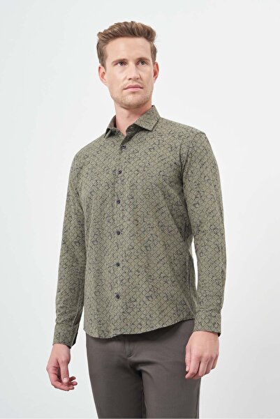 İmza Πουκάμισο με μακρύ μανίκι σκούρο χακί, μισό ιταλικό γιακά, χωρίς τσέπες, βαμβακερό κλασικό πουκάμισο με λεπτή εφαρμογή 1004245222