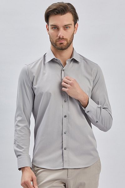 İmza Γκρι σκληρό γιακά βαμβακερό Lycra Slim Fit πουκάμισο - Μακρυμάνικο 1004240234