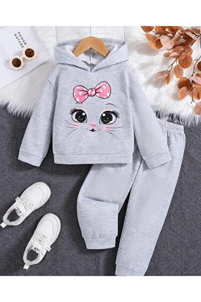 CINARIUM Girl's Gray Hooded Printed Tracksuit Set