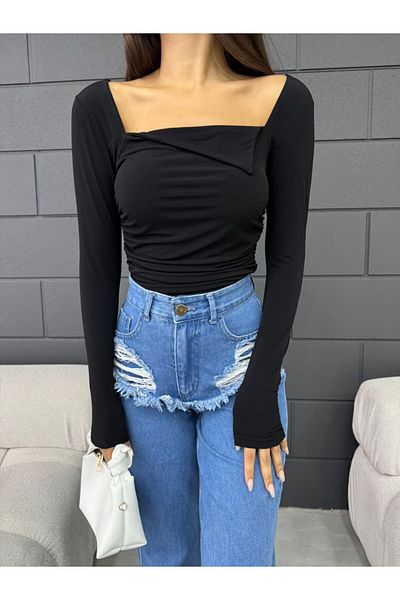 Fav Style Γυναικεία τετράγωνη λαιμόκοψη μακρυμάνικη μαντήλι Λεπτομερής μπλούζα μαύρη