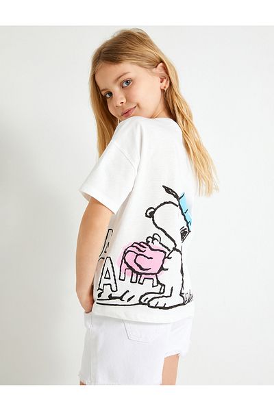 Koton Μπλουζάκι Snoopy με άδεια εμπριμέ κοντό μανίκι, βαμβακερό λαιμόκοψη