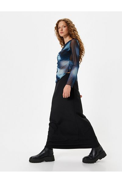 Koton Long Sleeve T-Shirt with Asymmetric Cut - Tulle Abstract Pattern and Gather Detail