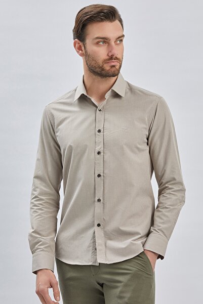 İmza Βαμβακερό πουκάμισο με σκληρό γιακά Camel χωρίς τσέπη - Μακρυμάνικο, υφασμάτινο πόδι - 1004240230