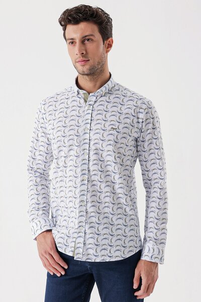 İmza Λευκό μακρυμάνικο εμπριμέ υφασμάτινο κλασικό πουκάμισο με λεπτή εφαρμογή με γαρνιτούρα χωρίς τσέπη 1004230228