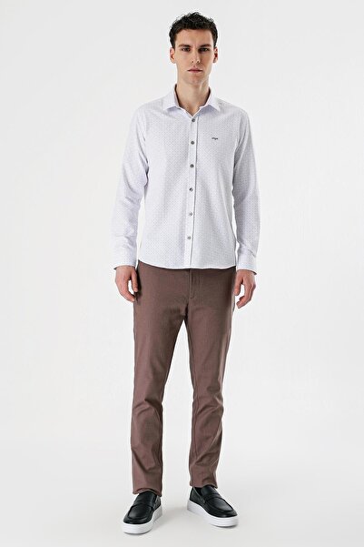 İmza Біла сорочка з довгими рукавами, принтом, жорстким коміром, без кишень, з бавовняної тканини, облягаючого крою, вузького крою 1004235169