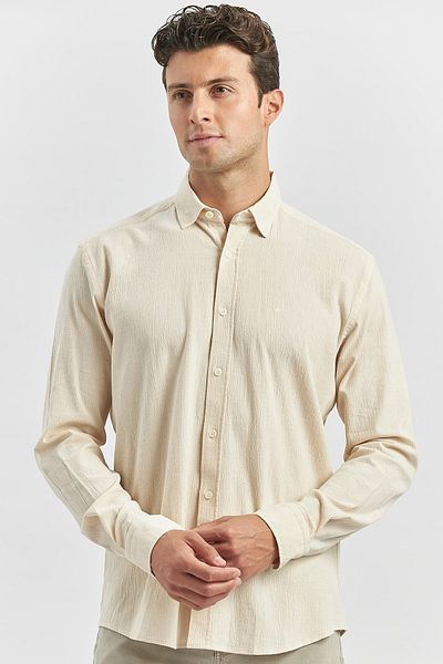 İmza Μπεζ Slim Fit Casual πουκάμισο - μακρυμάνικο, γκοφρέ, 100% βαμβάκι 1004240247