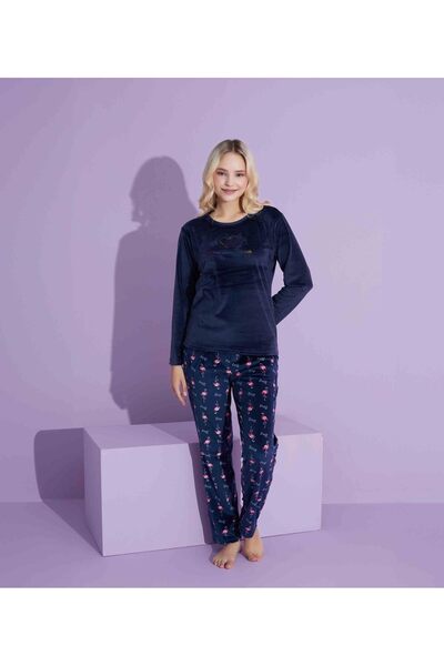 Tarık Anne Kız LACİVERT Kuğulu desen kışlık Fransız Kadife Pijama Takımı