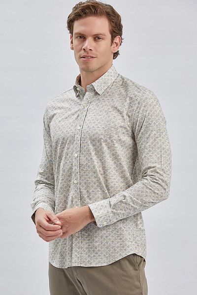 İmza Μπεζ Slim Fit Classic πουκάμισο - Μακρυμάνικο, εμπριμέ, βαμβακερό χωρίς τσέπες 1004240213