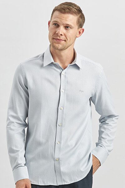 İmza 032 Μοντέλο Γκρι σκληρό γιακά Dobby μακρυμάνικο πουκάμισο με λεπτή εφαρμογή - Casual 1004240249