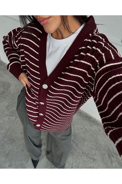 BE CHİC Women's Striped V-Neck Buttoned Long Oversize Cardigan Mw3401