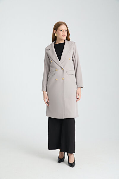 Soydan Güner سترة طويلة مزدوجة الصدر بلون الحجر - طول الركبة 1028