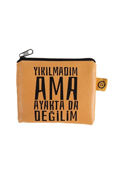 Attach Sarı Yıkılmadım Ama Ayaktada Değilim Tasarımlı Süet Bozuk Para Cüzdanı