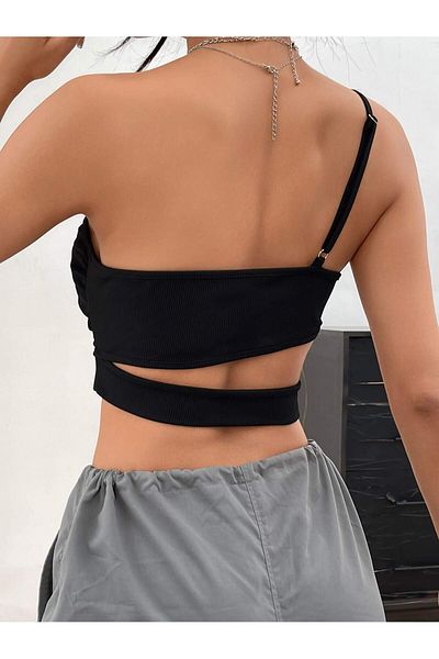 Liona Asymmetric Collar Black Color Patternless Cross Cut Ribbed Short Sleeve Lycra Fit Crop Top Blouse