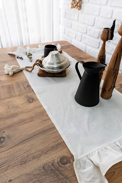 abidehanım Runner Lenjerie Naturală Volanată Vintage 40x110 Cm