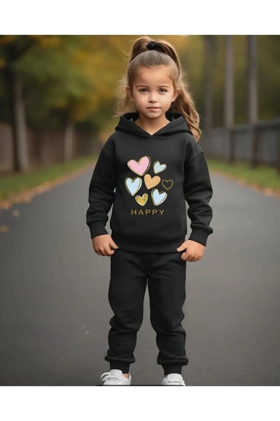 CINARIUM Girl's Heart Printed Hooded Black Tracksuit Set
