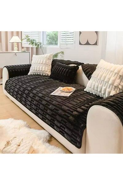 MER HOME Pluș cu model dreptunghiular gros pentru scaunul de trei persoane (1 buc) Dimensiune 80*190 cm (negru)