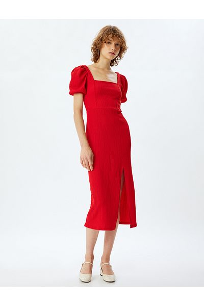 Koton Midi Bodycon Dress - Balloon Sleeve, Square Collar and Back Lace-Up