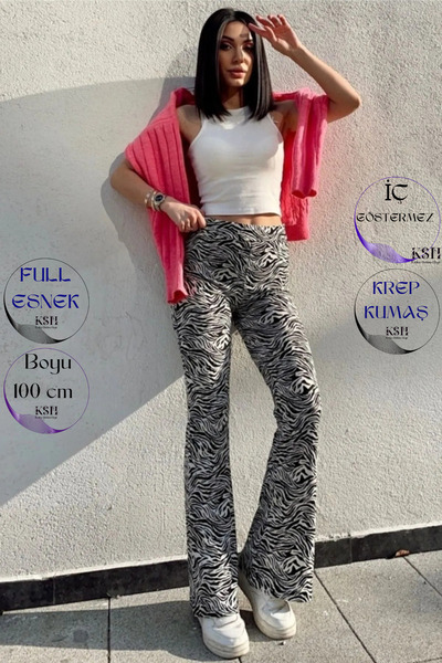 KaSheHa İnce Zebra Desenli Ispanyol Paça Likralı Pantolon 100 Cm