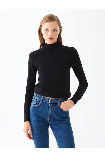 Ltb Stand Collar Knitted Black Sweater