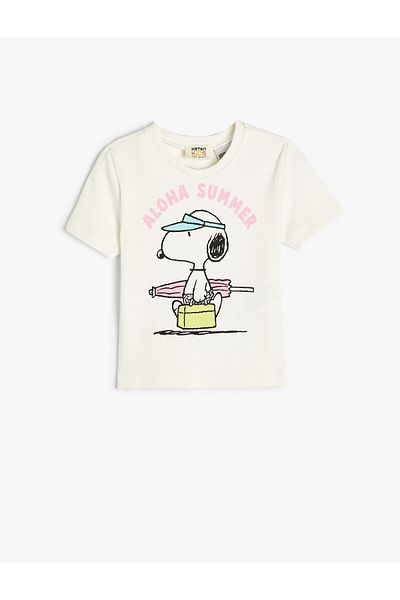 Koton Crop Snoopy T-Shirt με άδεια κοντό μανίκι, βαμβακερή λαιμόκοψη