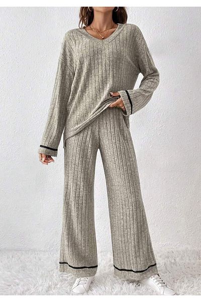 Little Visqon Beige Women's Double Suit - V-Neck Stripe, Stripe Detailed Casual Camisole
