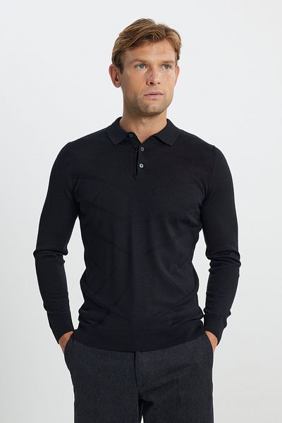 ALTINYILDIZ CLASSICS Men's Black Warm Wool Standard Fit Regular Cut Polo Collar Jacquard Knitwear Sweater