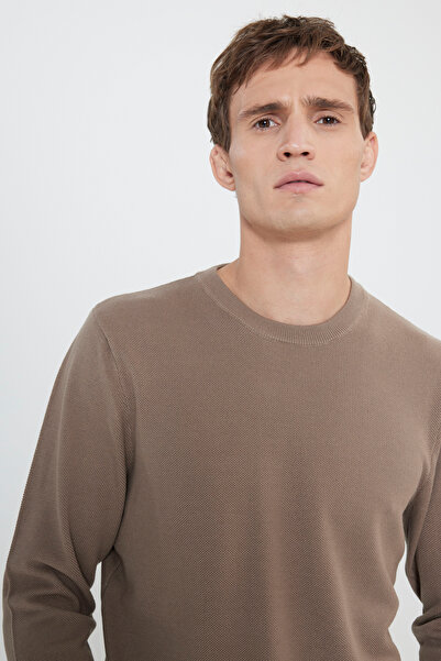ALTINYILDIZ CLASSICS Мъжки кафяв памучен пуловер със стандартна кройка и обло деколте, жакардов трикотаж