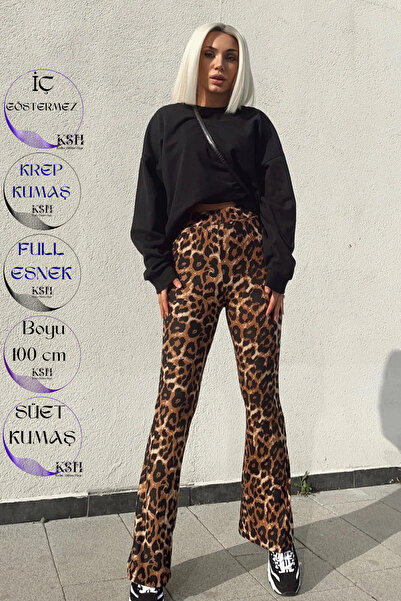 Siyah Kadın Leopar Desenli Yüksek Bel Likralı Ispanyol Paça Pantolon 100 Cm