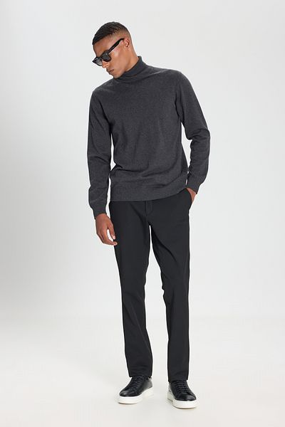 ALTINYILDIZ CLASSICS Men's Anthracite-Melange Cotton Standard Fit Regular Cut Full Turtleneck Basic Knitwear Sweater