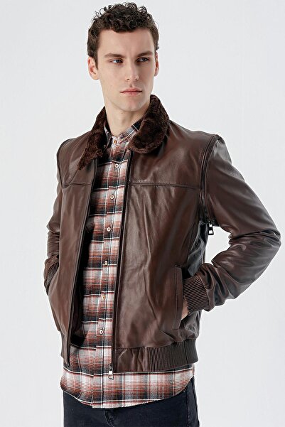 İmza Dark brown shirt collar genuine leather comfort fit casual cut casual jacket 1038235208