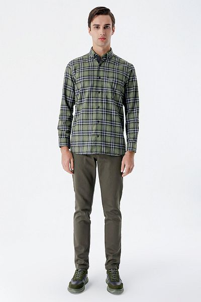 İmza Σκούρο χακί βαμβακερό παντελόνι Chino Casual Slim Fit με πλαϊνές τσέπες 1003235120