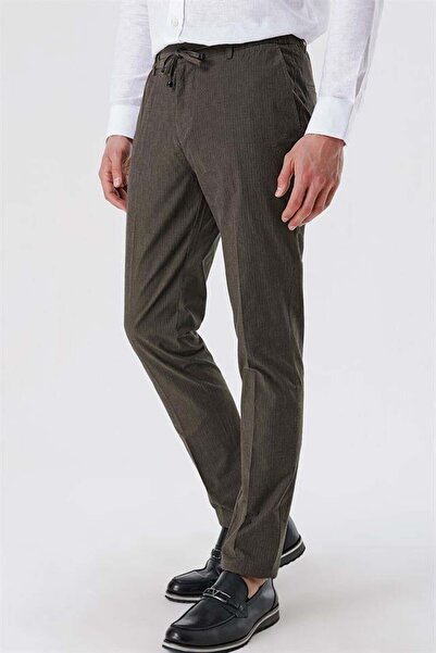 İmza Koyu Vizon Çizgili Armürlü % 100 Pamuk Yan Cep Slim Fit Dar Kesim Casual Pantolon 1003230159
